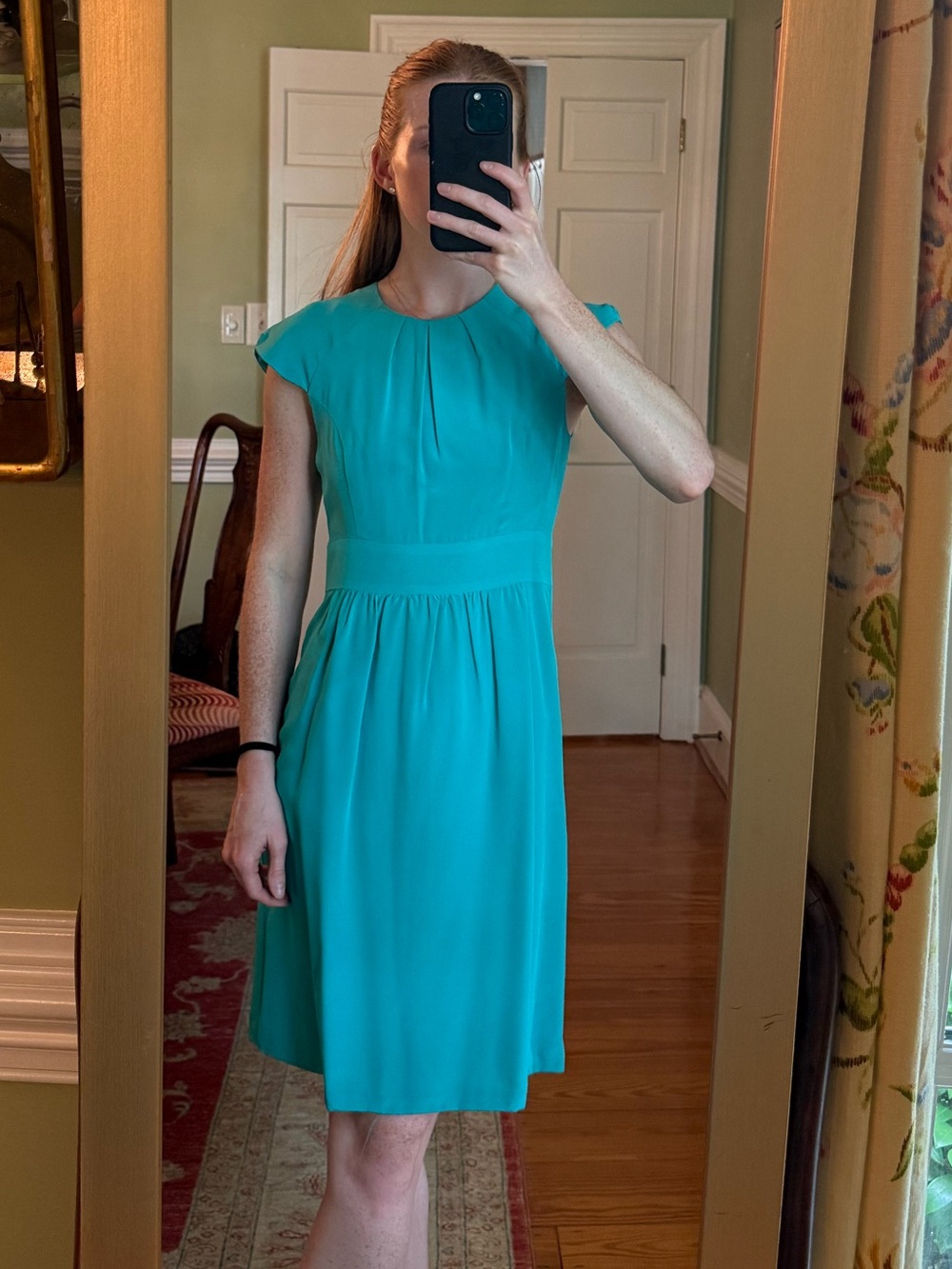 Elegant Teal Cap-Sleeve Mini Dress with Gathered Waist